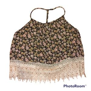 BOHO CROPPED TANK TOP LACE TRIM BLACK FLORAL SIZE SMALL